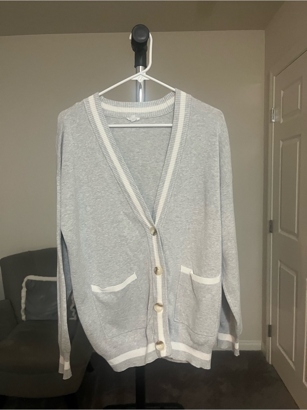 Garage Light Gray V-Neck Button Cardigan with White Trim